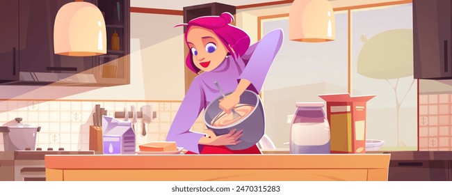 Young woman cooking in kitchen. Vector cartoon illustration of happy mother stirring ingredients in bowl, preparing meal for family at home, sunny apartment interior with furniture and garden view