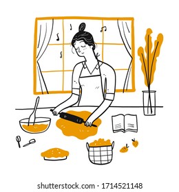 Young Woman Cooking in the kitchen.Hand drawn Vector Illustration in sketch doodle style.