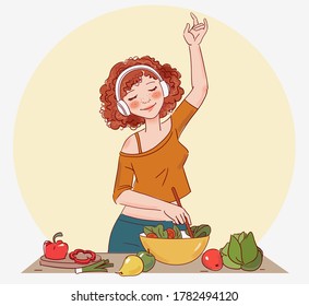 Young woman cooking and listening to music in the kitchen. Healthy food illustration. Healthy lifestyle concept. Cooking at home. Prepare food stock illustration