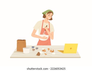 Young woman cooking and looking at laptop on the table isolated on white background. Concept of hobby, housewife, baker, food preparing, leisure, lifestyle. Flat vector illustration character.