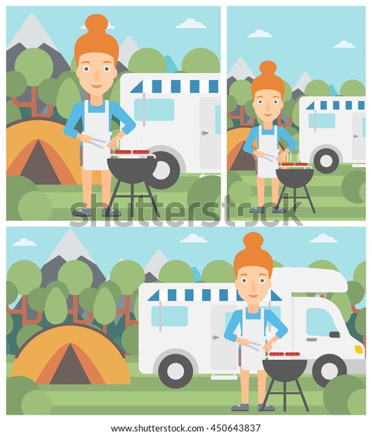 Young woman cooking meat on barbecue on the\
background of camper van. Woman travelling by camper van and having\
barbecue party. Vector flat design illustration. Square,\
horizontal, vertical\
layouts.