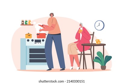 Young Woman Cooking On Kitchen With Elderly Female Character Sitting At Table Drinking Tea. Daughter With Old Mother, Volunteer Help Senior Lady With Household. Cartoon People Vector Illustration
