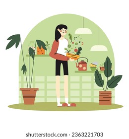 Young woman cooking salad with vegetables at home. Healthy living and eating healthy food concept. Diet and proper nutrition. Flat vector illustration in cartoon style in green colors