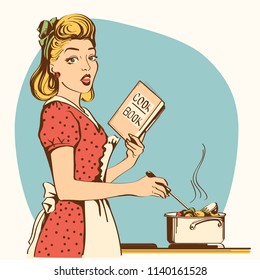 Young woman cooking soup in her kitchen room.Reto color style poster svg