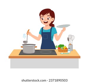 young woman cooking soup using big pot