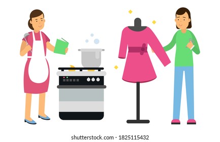 Young Woman Cooking and Tailoring Vector Illustration Set
