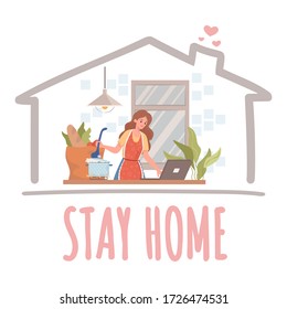Young woman cooking and working on laptop at the kitchen during quarantine and self isolation vector flat illustration. Freelance, distant work poster design.