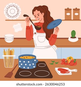 A young woman cooks soup in her kitchen at home. Home life, cooking dinner. Vector illustration in the flat style