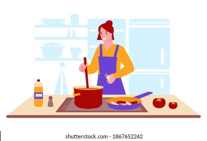 Young woman cooks soup at home. Kitchen interior. Home food concept. Vector illustration in flat style.