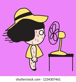 Young Woman Cooling Herself In Summer Heat Under Wind of Cooler Fan Concept Card Character illustration