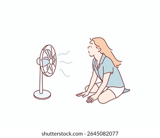 Young Woman Cooling Off with Electric Fan on Hot Summer Day. Hand drawn style vector design illustrations.