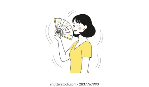 A young woman cools herself down with a handheld folding fan