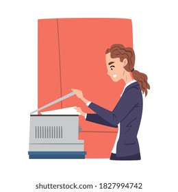 Young Woman Copying and Scanning Documents in Office, Businesswoman or Office Employee Daily Routine Cartoon Style Vector Illustration