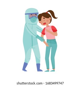 Young Woman with Coronavirus Symptoms and Doctor in Protective Suit Lending Aid to Her Vector Illustration
