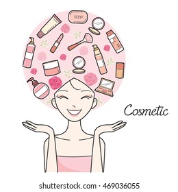 Young Woman With Cosmetics And Beauty Icons On Head, Accessories, Equipment, Makeup, Shopping, Outline