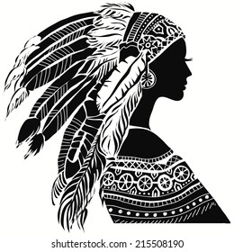 Young woman in costume of American Indian. Silhouette of beautiful Indian women