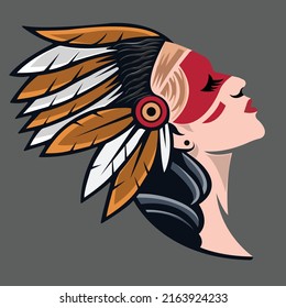 Young woman in costume of American Indian. Silhouette of beautiful Indian women - Red Indian Woman face