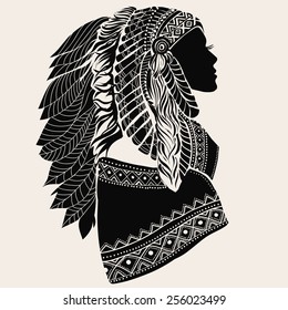 Young Woman In Costume Of American Indian. Silhouette Of Beautiful Indian Women