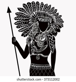 Young woman in costume of American Indian. Silhouette of beautiful Indian women