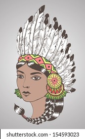 Young woman in costume of American Indian.Color vector illustration of a beautiful woman with braided hair and native chief headdress.
