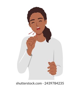 Young woman coughing with fist in front of mouth. Flat vector illustration isolated on white background