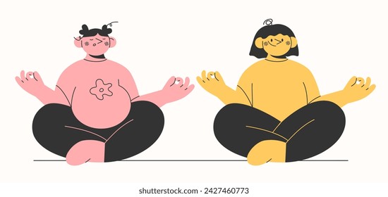 Young woman couple or friends doing prenatal yoga.The concept of motherhood, equality, tolerance to LGBT,parenthood yoga,friendship.Hand drawn cartoon style characters.Vector illustration EPS 10