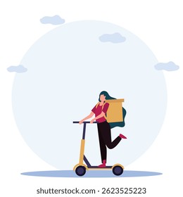 Young woman courier delivers food on an electric scooter with parcel box isolated on white background. Vector illustration