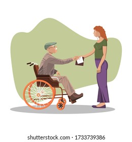 Young woman, courier or volunteer delivers documents, food or other purchases to a senior citizen in a wheelchair