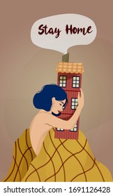 Young Woman covered with a blanket holding a dollhouse. Stay home awareness campaign. Stop coronavirus from spreading. Quarantine. Cozy flat trendy illustration.