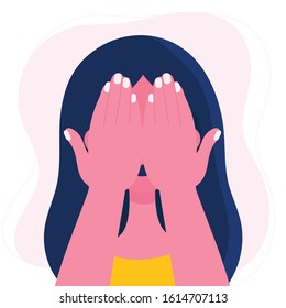 The young woman covered her face with her hands.Emotional and psychological problems.Embarrassment.Tears and crying.Flat vector stock illustration