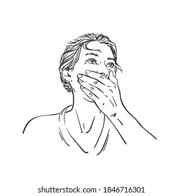 Young woman covered her mouth with her hand and looking up on side Vector sketch, Hand drawn line art female portrait with short hair, Black and white drawing graphics illustration