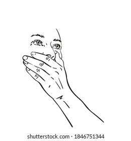 Young woman covered her mouth with hand and looking up on side Vector sketch, Hand drawn line art isolated female face emotion, Black and white drawing graphics illustration