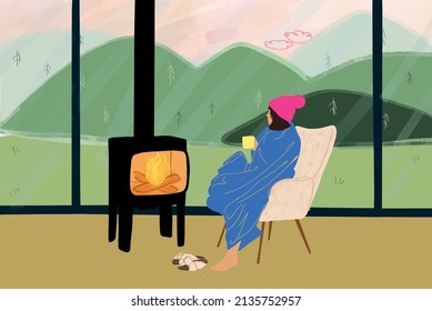 Young woman covered in plaid sitting on chair by the fireplace near the window at home, enjoying hot drink and view on the mountains. Concept of home cosiness and rest on nature. Vector illustration