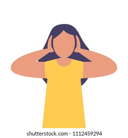 Young woman covering ears with both hands. Need silence concept. Loud sound. Vector isolated image