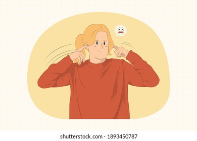 Young woman covering ears with fingers concept for banner, poster, website, etc.