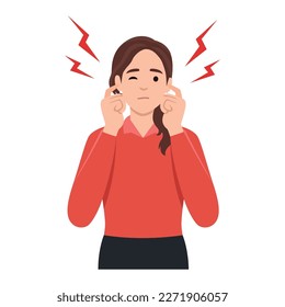 Young woman covering ears and silence concept. Young sad irritated woman cartoon character standing covering her ears with fingers. Flat vector illustration isolated on white background