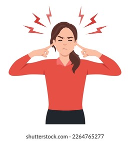 Young woman Covering Her Ears. Flat vector illustration isolated on white background