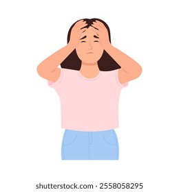 Young woman covering her ears with hands.Anxiety, fears,loud sounds, mental feeling problems. Mental health issues.Flat vector illustration.