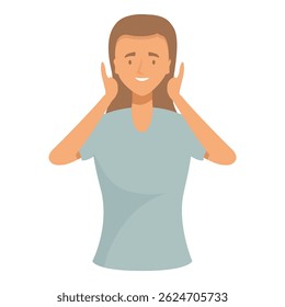 Young woman covering her ears with her hands is smiling like she doesn't want to hear