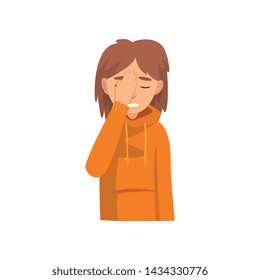 Young Woman Covering Her Face with Hand, Das Girl Making Facepalm Gesture, Shame, Headache, Disappointment, Negative Emotion Vector Illustration