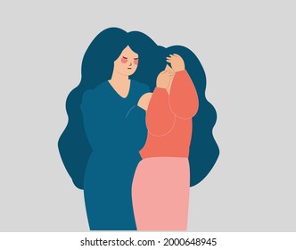 Young woman covering her face with hands and supported by her best friend due to depression. Female consols her crying girlfriend and cares about her. Mental health mother and daughter support concept