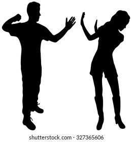 Young woman is covering her face while her violent husband wants to hit her with his hand - isolated on white