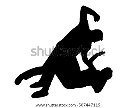 Young woman is covering her face while her violent husband wants to hit her with his hand - isolated on white
