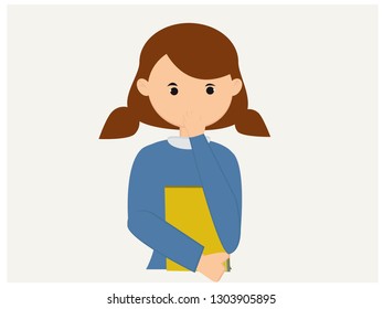 Young  woman covering her mouth by hand, vector illustration. Human emotion face expression