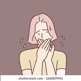 Young Woman Covering Her Mouth. Hand Drawn Style Vector Design Illustrations.