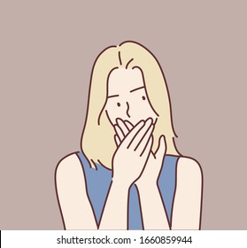 Young woman covering her mouth. Hand drawn style vector design illustrations.