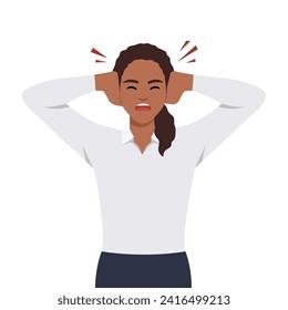 Young woman covering his ears with her hands. Flat vector illustration isolated on white background