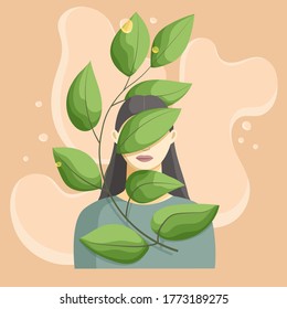 Young woman covers her face with leaves. Vector illustration.