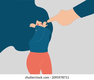 Young woman covers her face with arms from finger pointed at her. Girl closes her face and feeling guilty from a big index finger pointing at her. Stop Bullying women, Mental health disorder concept.