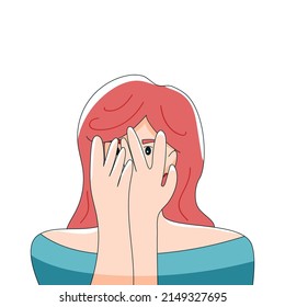 A young woman covers her face and looks through her fingers. Female avatar, showing complexes, shyness. Vector illustration in hand drawn style.